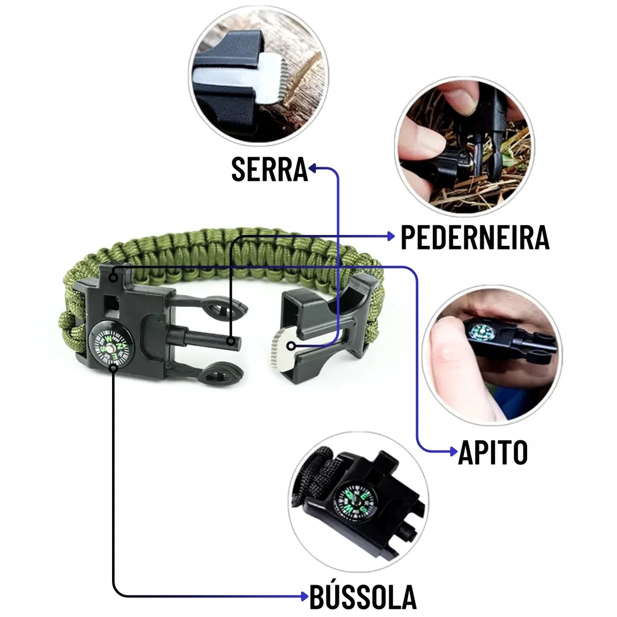 Pulseira de Paracord Verde Bússola Faca Apito e Pederneira - Item Grátis